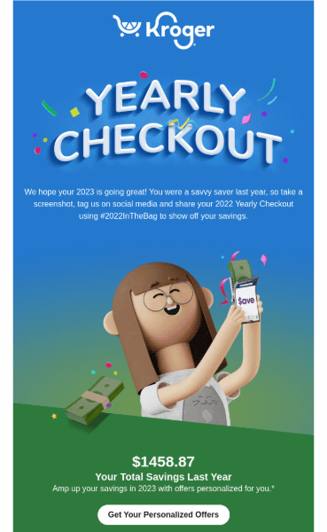Kroger Global Money Week themed newsletter titled Yearly Checkout